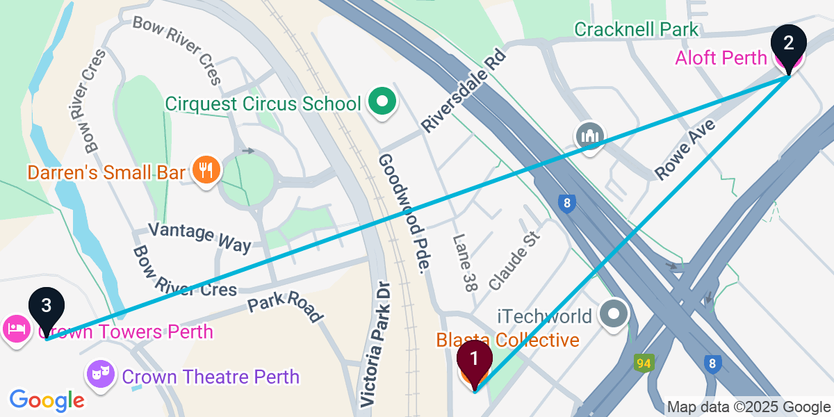 Map for 3-Stop Burswood Cocktail Bar Crawl