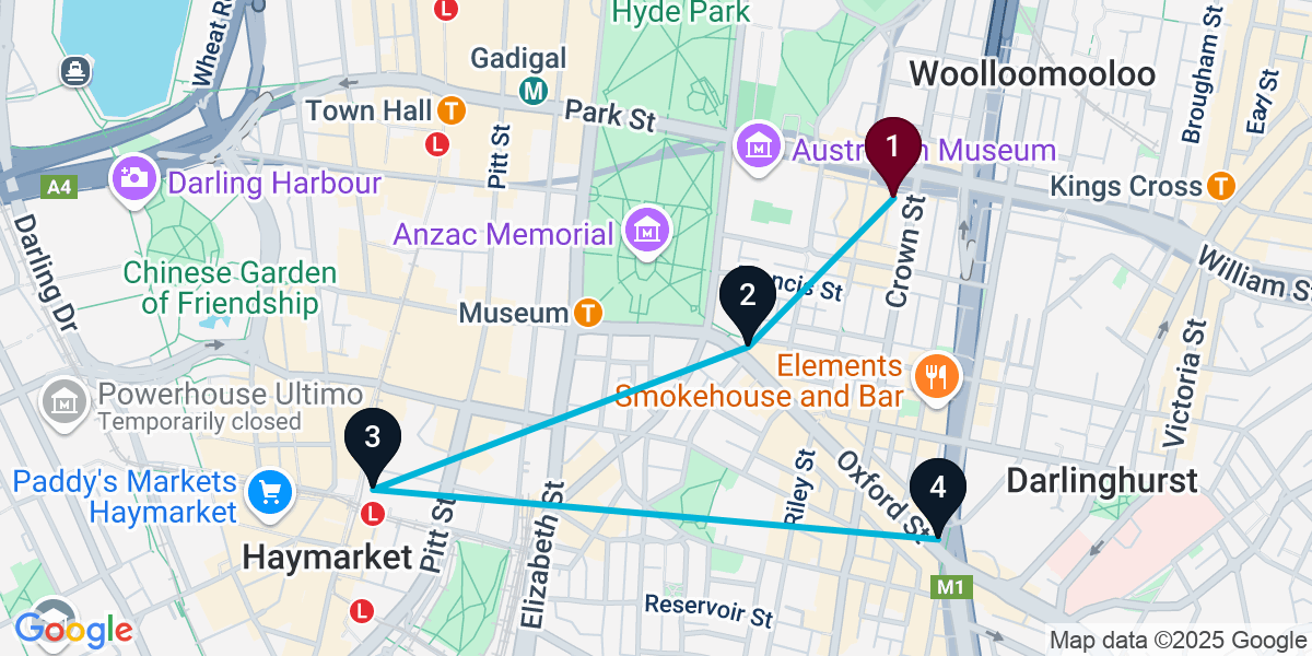 Map for 4-Stop Darlinghurst Nightclub Bar Crawl