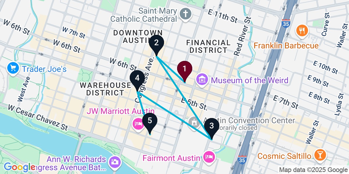 Map for 5-Stop Austin Cocktail Bar Crawl