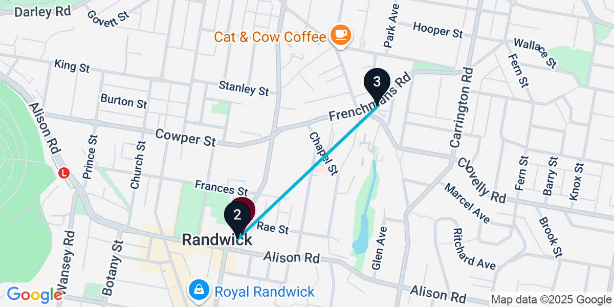 Map for 3-Stop Randwick Cocktail Bar Crawl