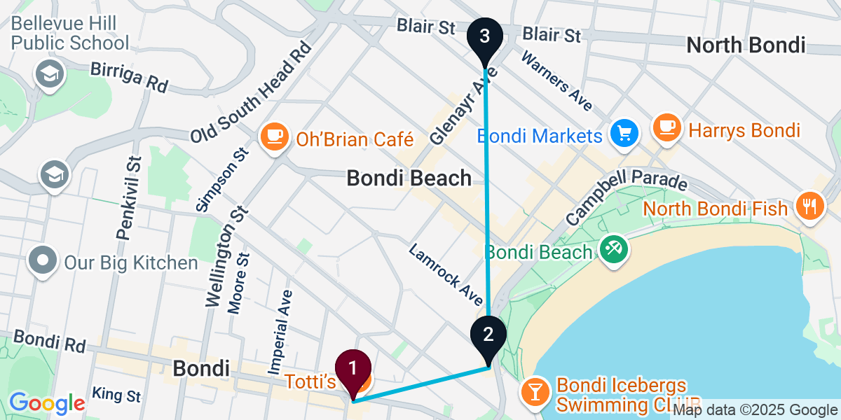 Map for 3-Stop Bondi Beach bar Bar Crawl