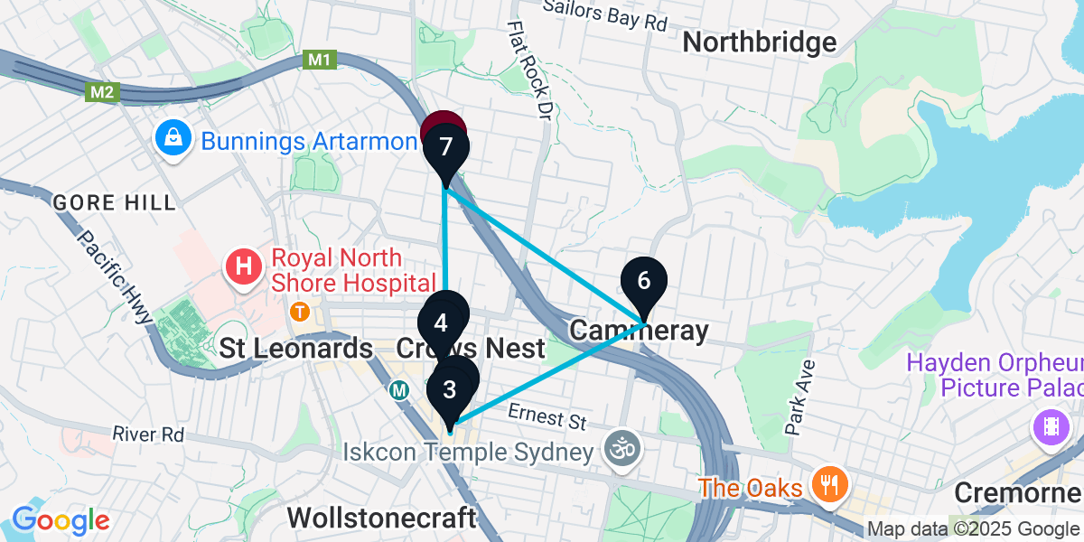 Map for 7-Stop Naremburn Bar Crawl