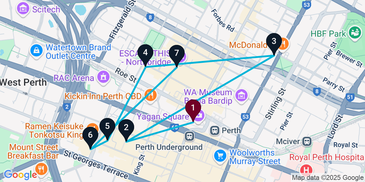 Map for 7-Stop Perth Bar Crawl