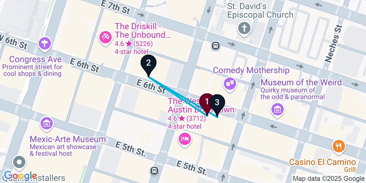 Map for 3-Stop Austin Live music Bar Crawl