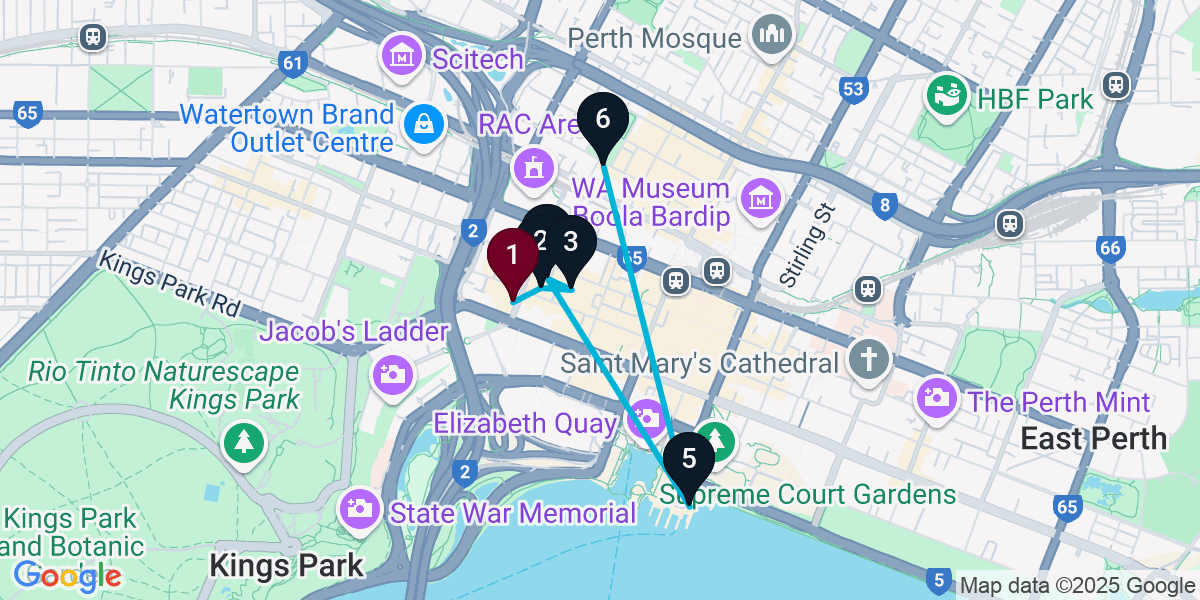 Map for 6-Stop Perth Bar Crawl