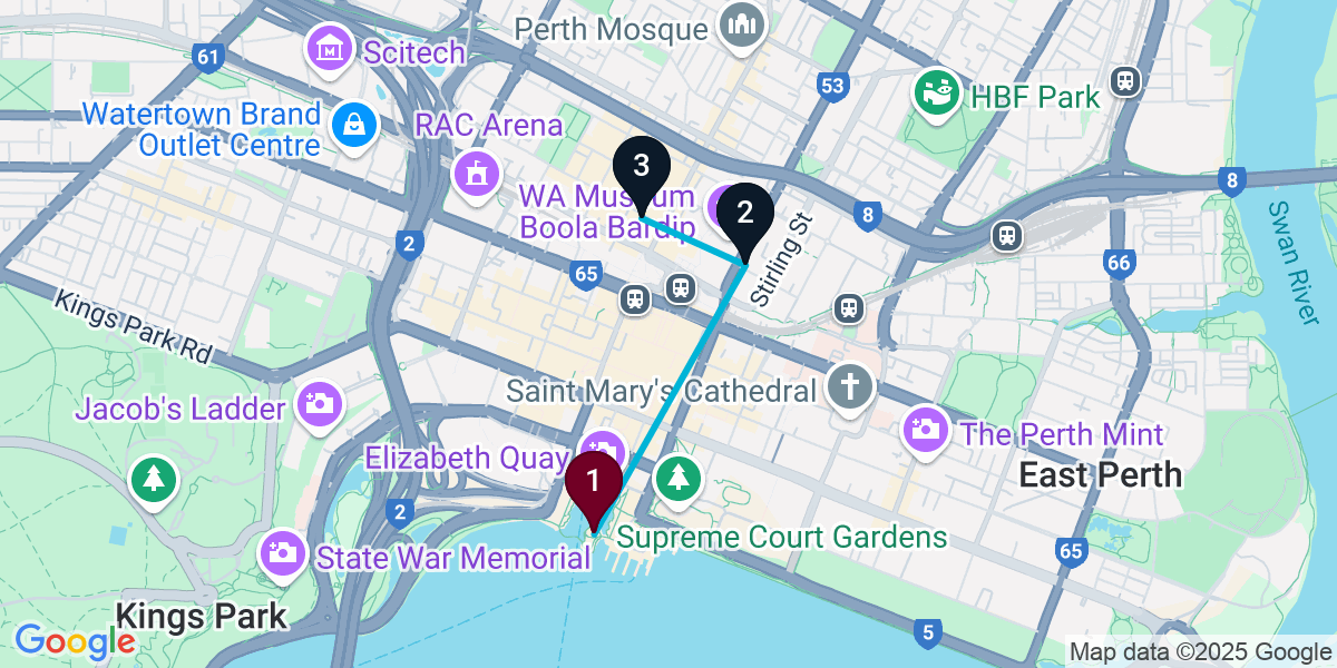 Map for 3-Stop Perth Nightclub Bar Crawl