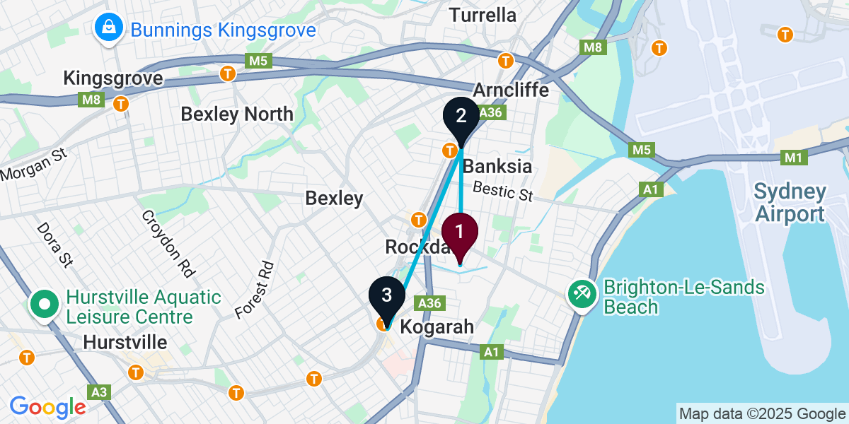 Map for 3-Stop Rockdale Live music Bar Crawl