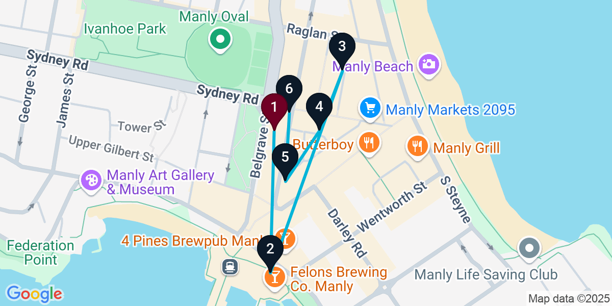 Map for 6-Stop Manly Bar Crawl