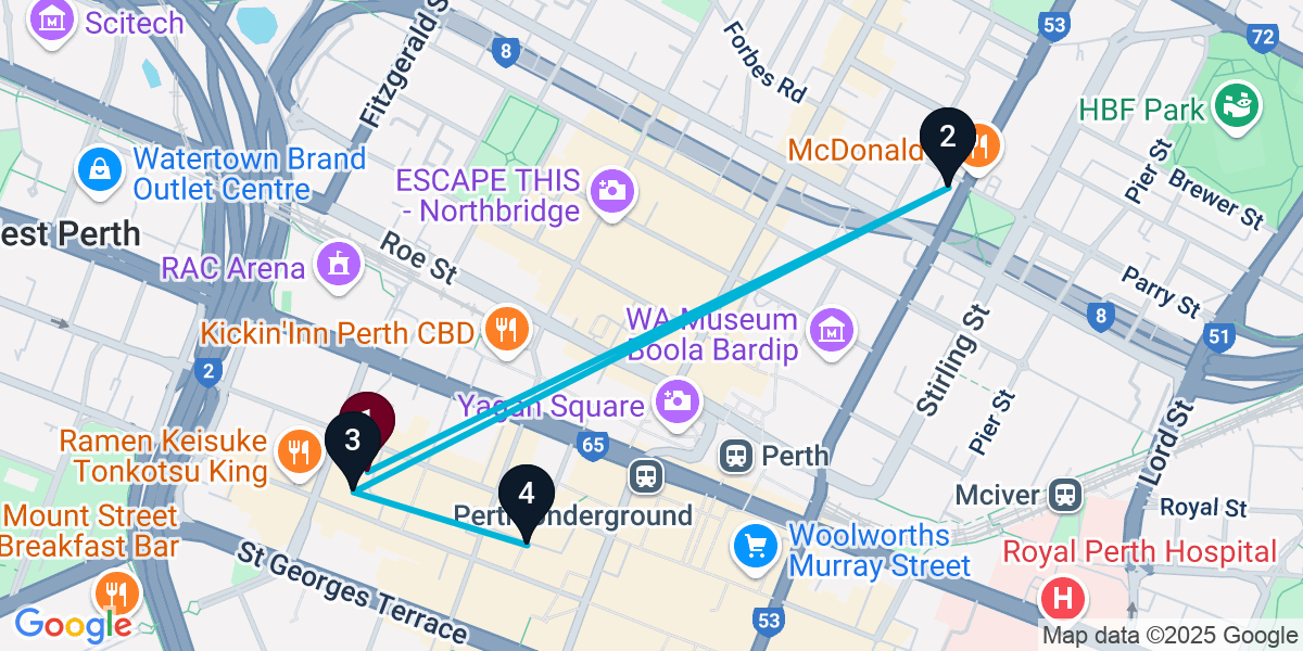 Map for 4-Stop Perth Cocktail Bar Crawl