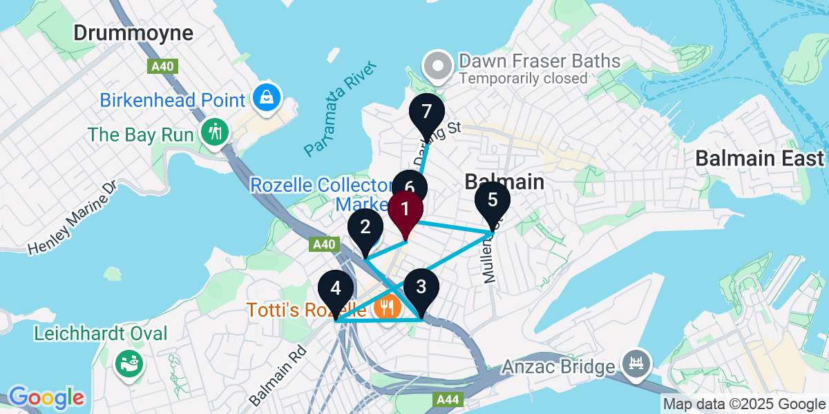 Map for 7-Stop Rozelle Live music Bar Crawl