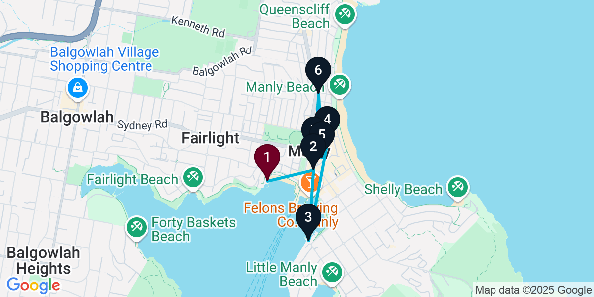 Map for 7-Stop Manly Cocktail Bar Crawl