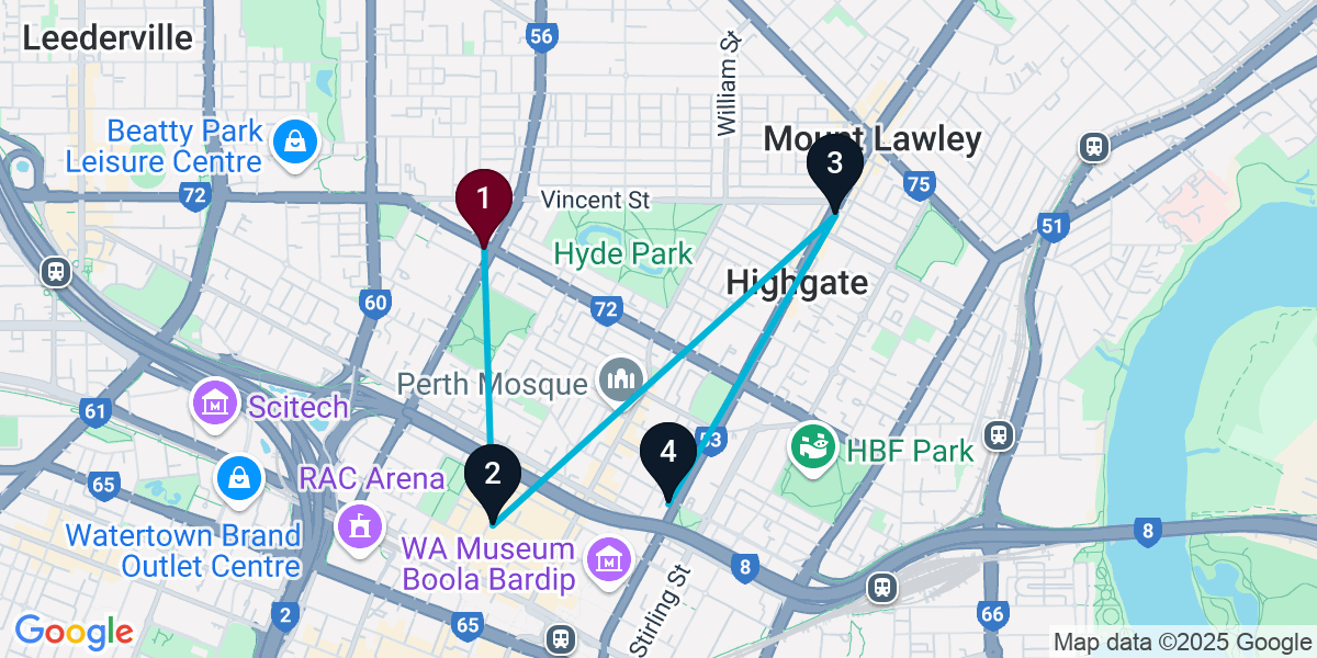 Map for 4-Stop West Perth Live music Bar Crawl