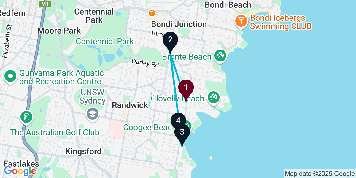 Map for 4-Stop Coogee Cocktail Bar Crawl