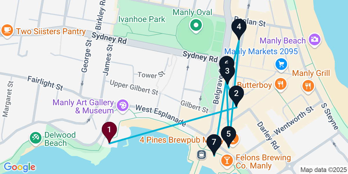 Map for 7-Stop Manly Wine bar Bar Crawl