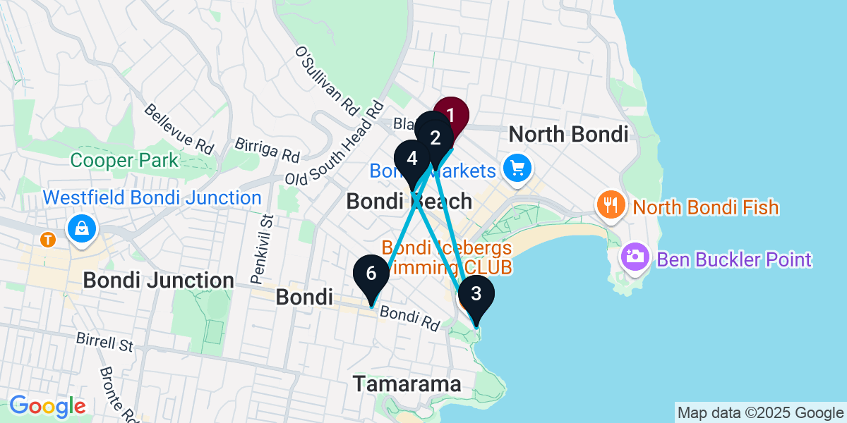 Map for 6-Stop Bondi Beach Bar Crawl