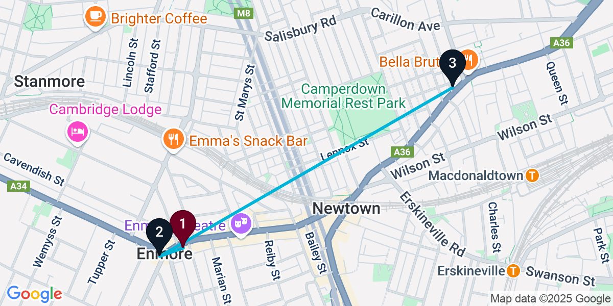 Map for 3-Stop Enmore Rooftop Bar Crawl