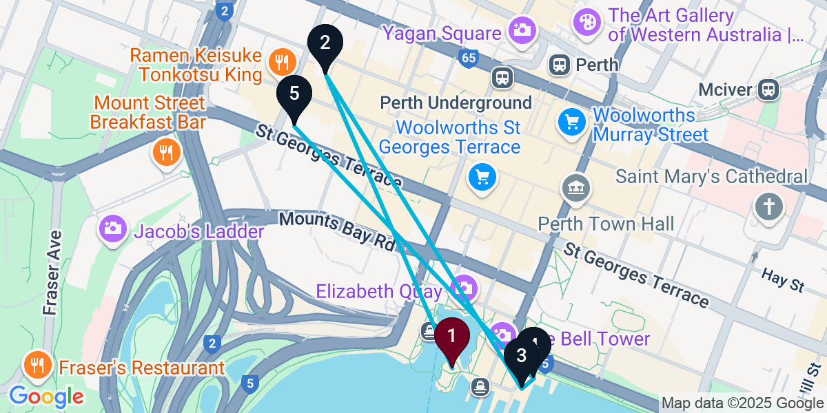 Map for 5-Stop Perth Rooftop Bar Crawl