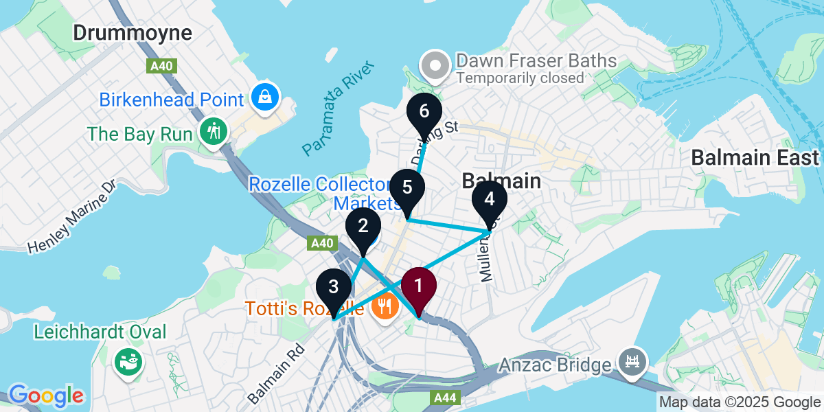 Map for 6-Stop Rozelle Live music Bar Crawl