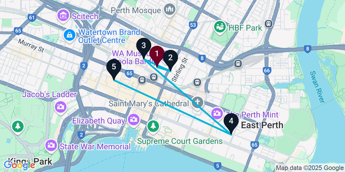 Map for 5-Stop Northbridge Nightclub Bar Crawl