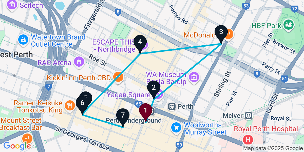 Map for 7-Stop Perth Cocktail Bar Crawl