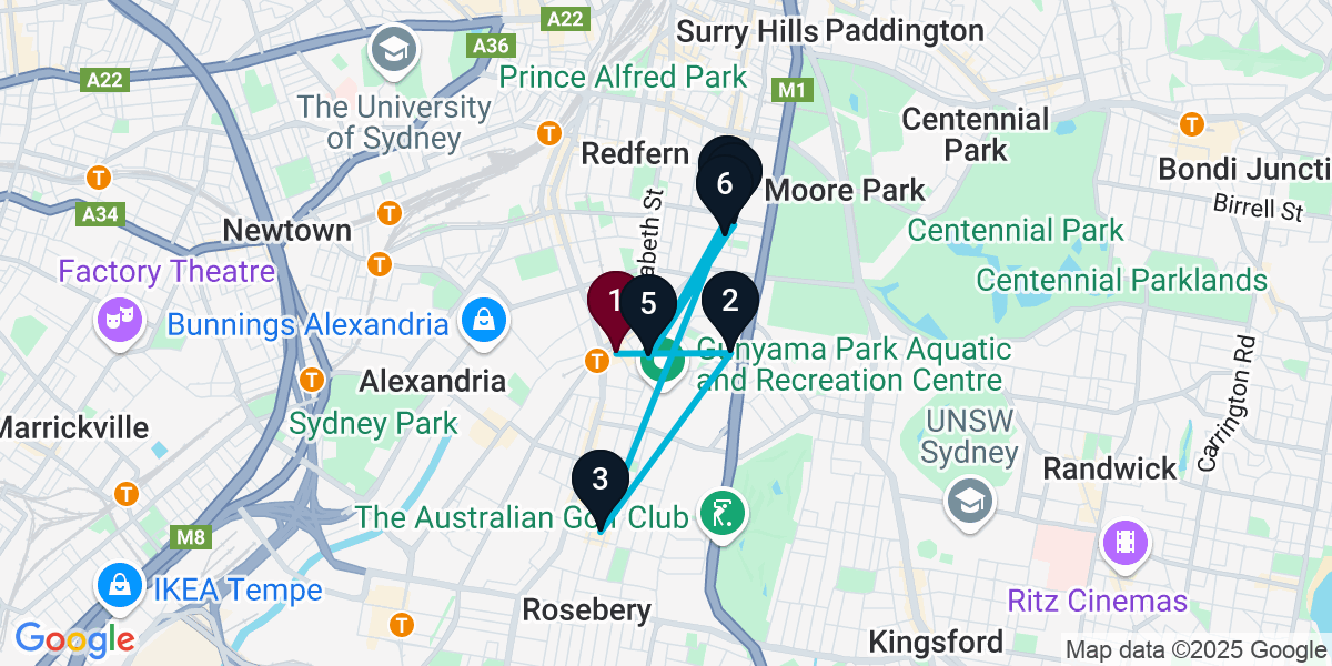 Map for 7-Stop Zetland Wine bar Bar Crawl