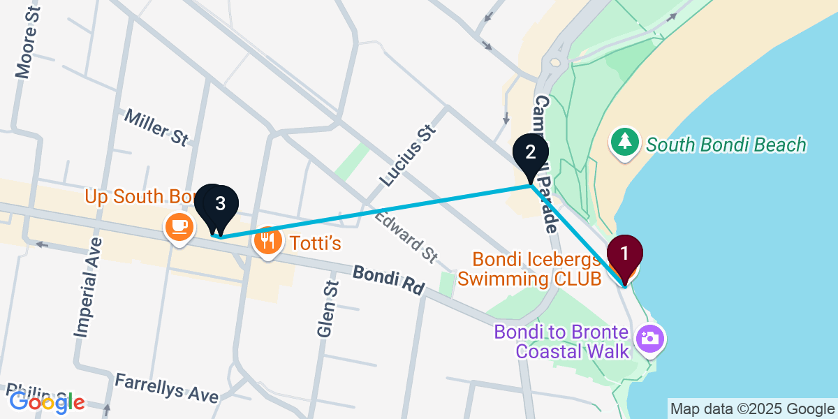 Map for 4-Stop Bondi Beach Cocktail Bar Crawl