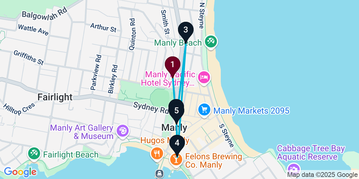 Map for 5-Stop Manly Cocktail Bar Crawl