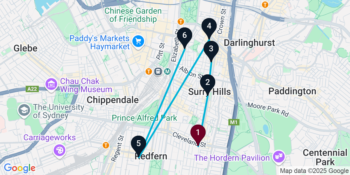 Map for 6-Stop Redfern Wine bar Bar Crawl