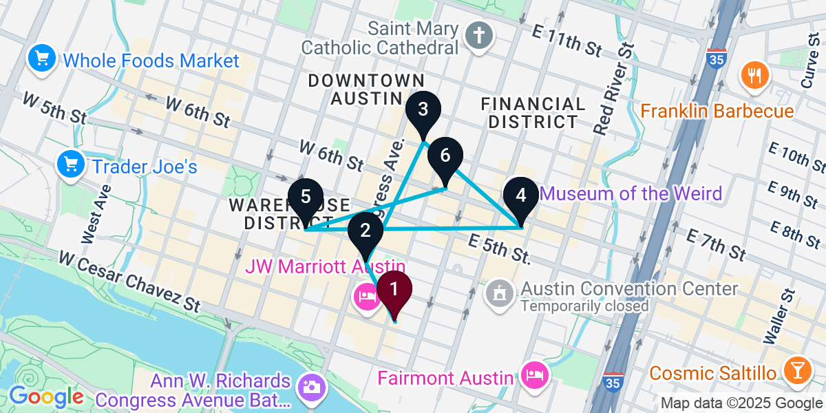 Map for 6-Stop Austin Bar Crawl