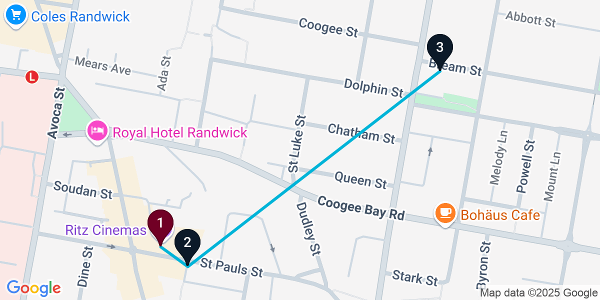 Map for 3-Stop Randwick Cocktail Bar Crawl