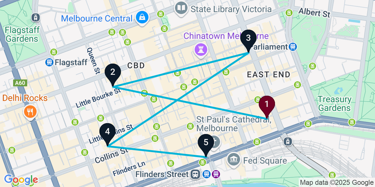 Map for 5-Stop Elite Melbourne Bar Crawl