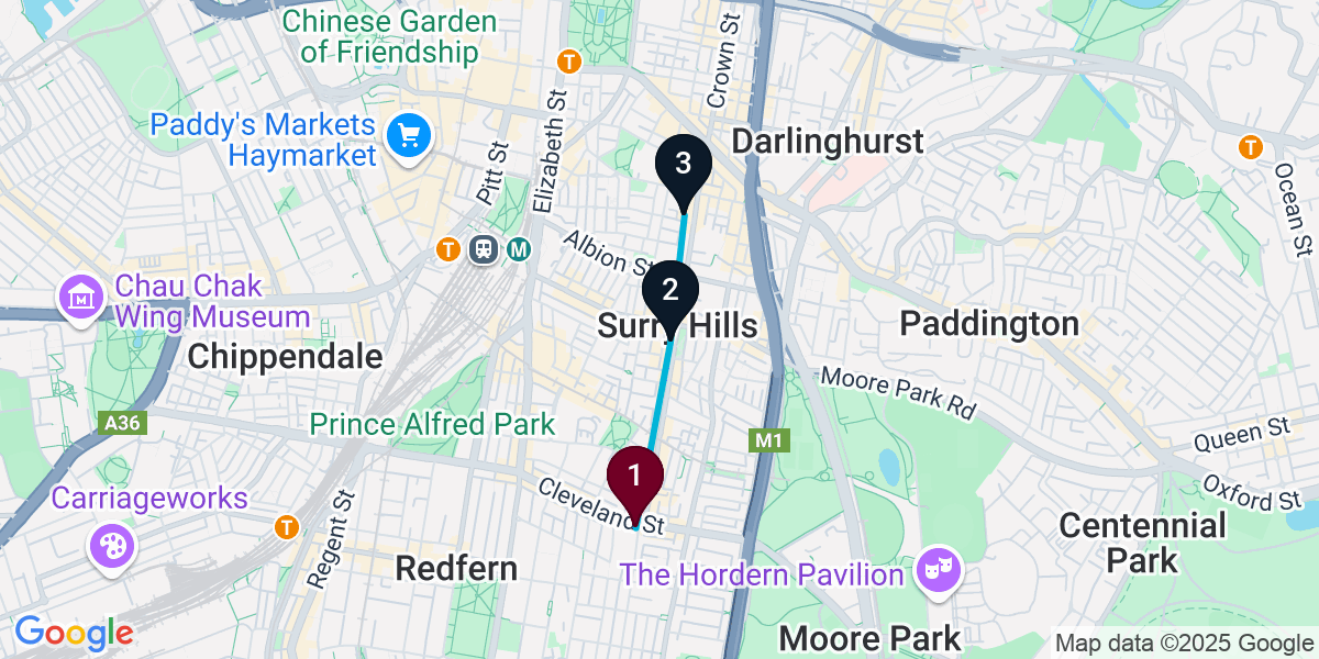 Map for 3-Stop Redfern Wine bar Bar Crawl