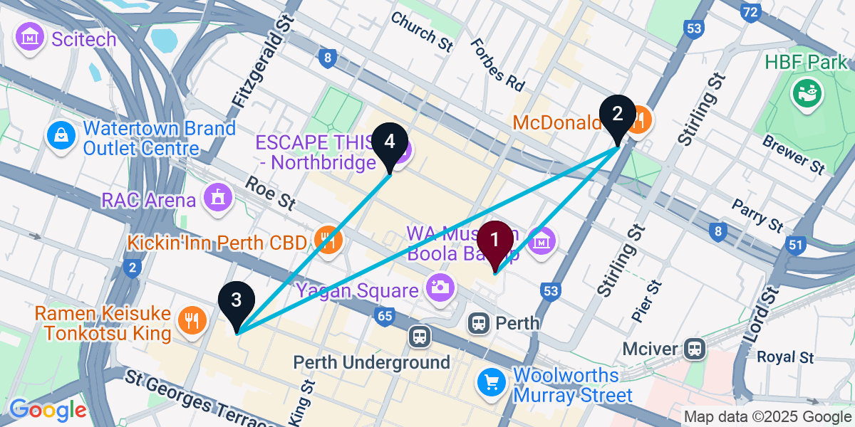 Map for 4-Stop Northbridge Bar Crawl