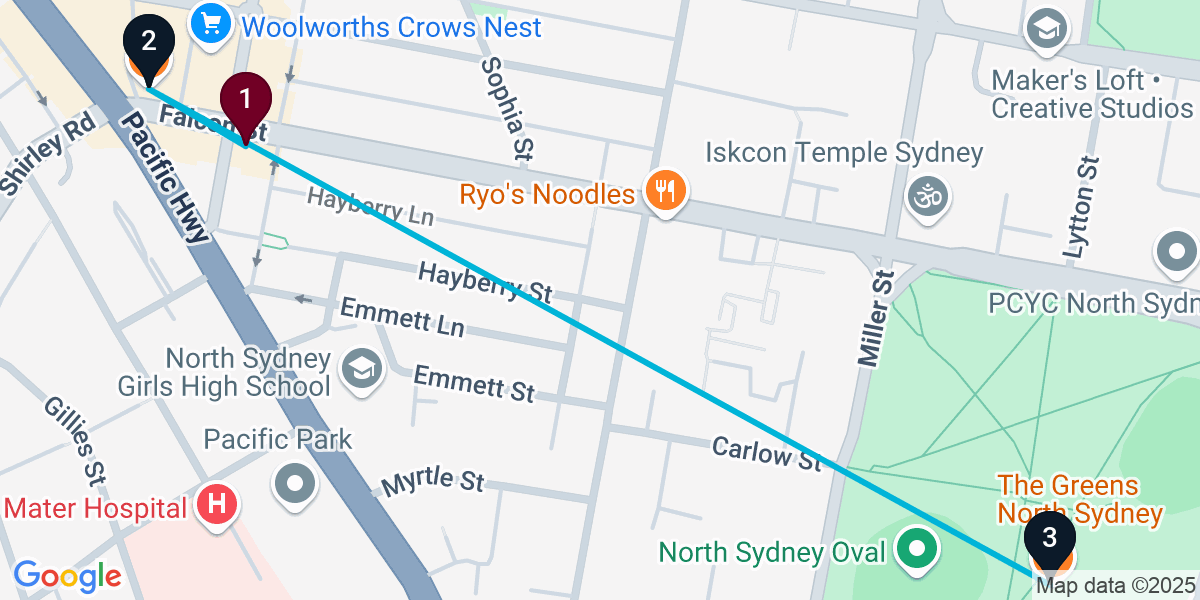 Map for 3-Stop Crows Nest Pub Bar Crawl