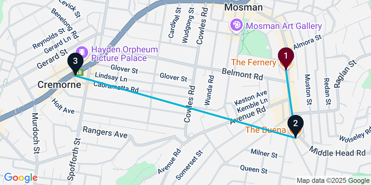 Map for 3-Stop Mosman Pub Bar Crawl