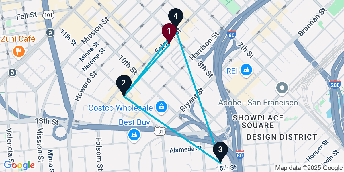 Map for 5-Stop San Francisco Nightclub Bar Crawl
