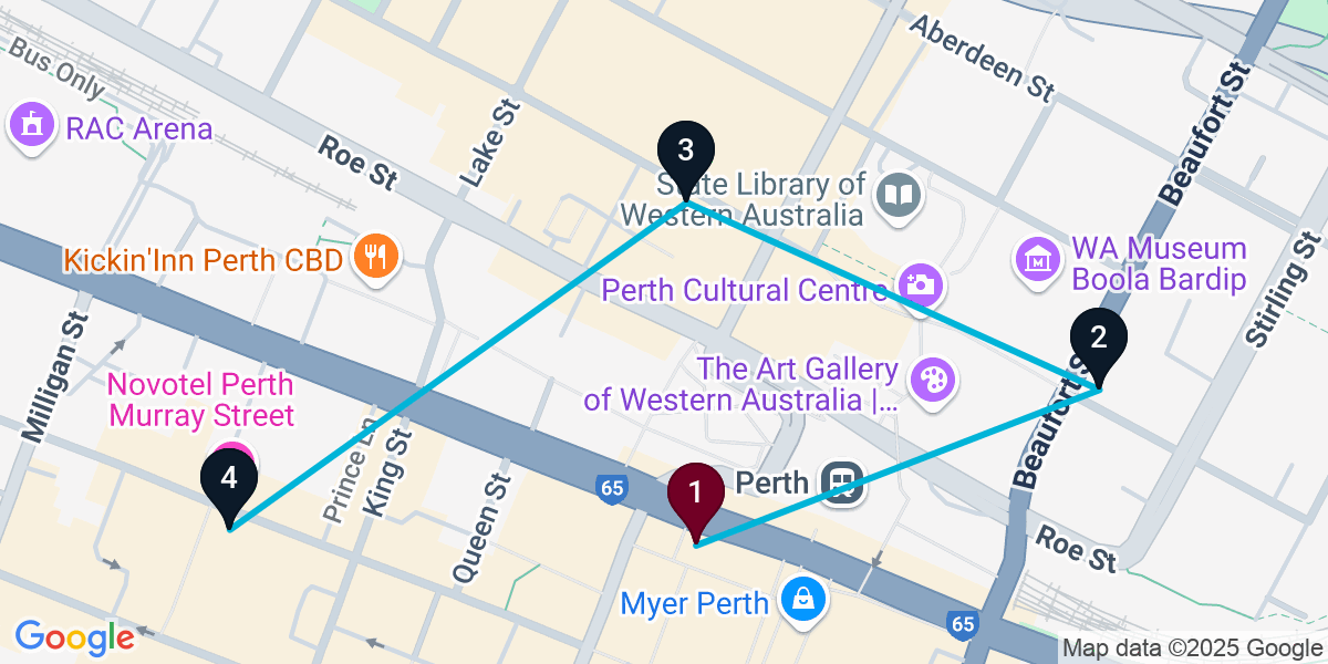 Map for 4-Stop Perth Nightclub Bar Crawl