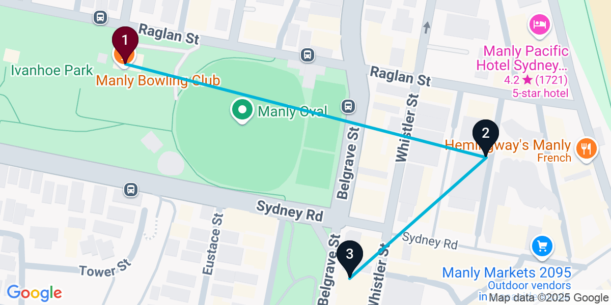 Map for 3-Stop Manly Speakeasy Bar Crawl