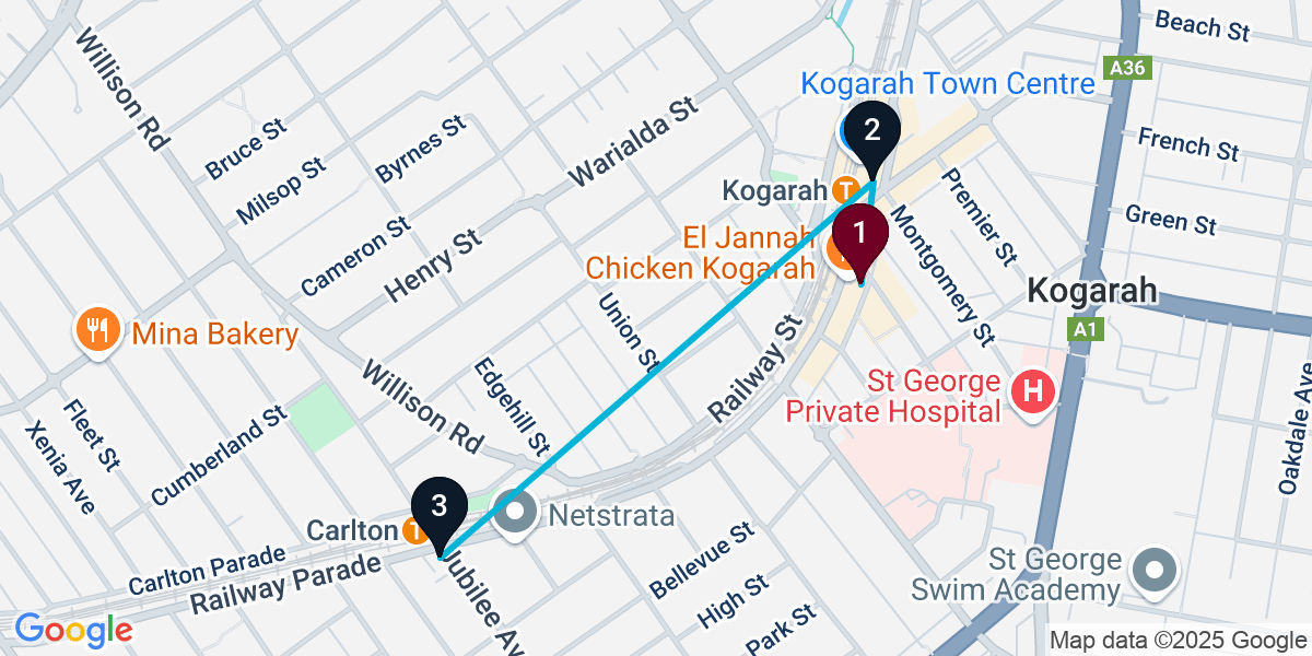 Map for 3-Stop Kogarah Pub Bar Crawl