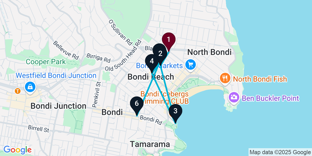 Map for 6-Stop Bondi Beach Cocktail Bar Crawl