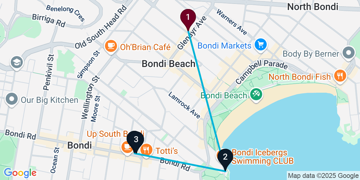 Map for 4-Stop Bondi Beach Cocktail Bar Crawl