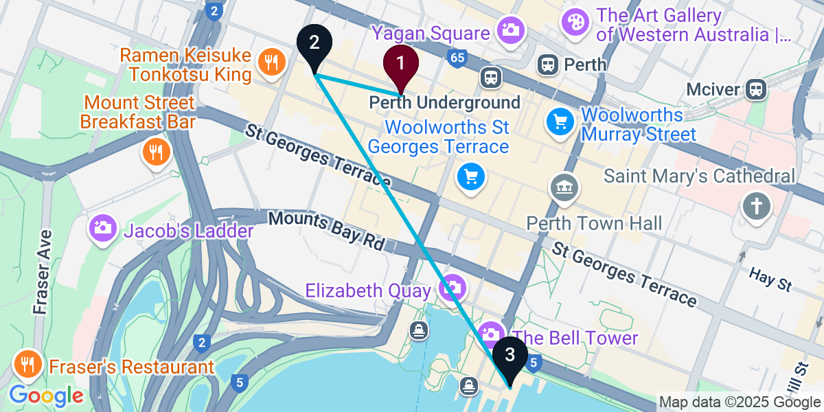 Map for 3-Stop Perth Rooftop Bar Crawl