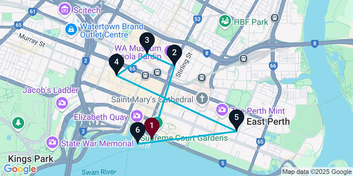 Map for 6-Stop Perth Nightclub Bar Crawl