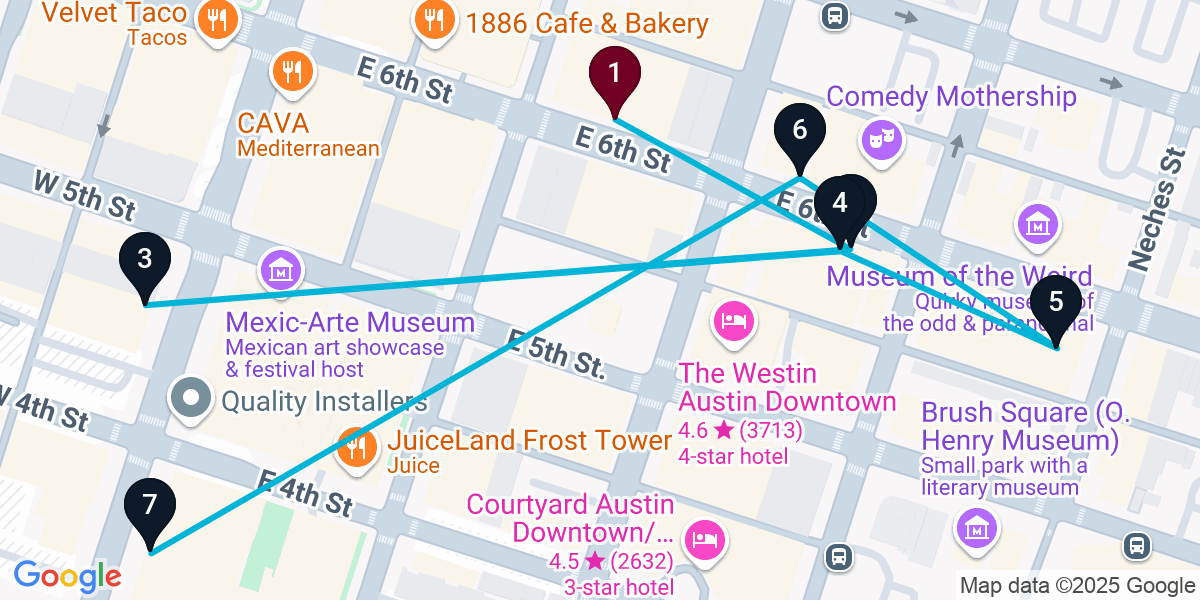 Map for 7-Stop Austin Live music Bar Crawl