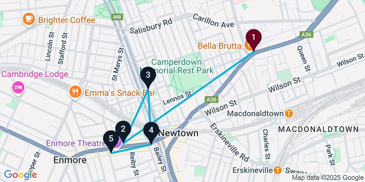 Map for 5-Stop Newtown Cocktail Bar Crawl