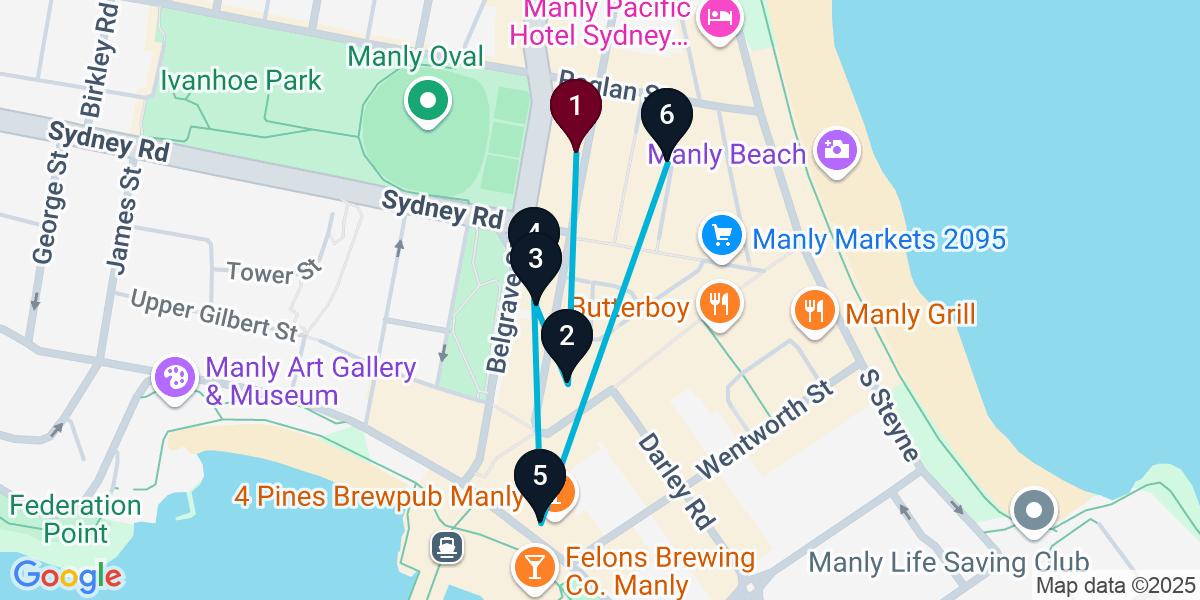 Map for 6-Stop Manly Wine bar Bar Crawl