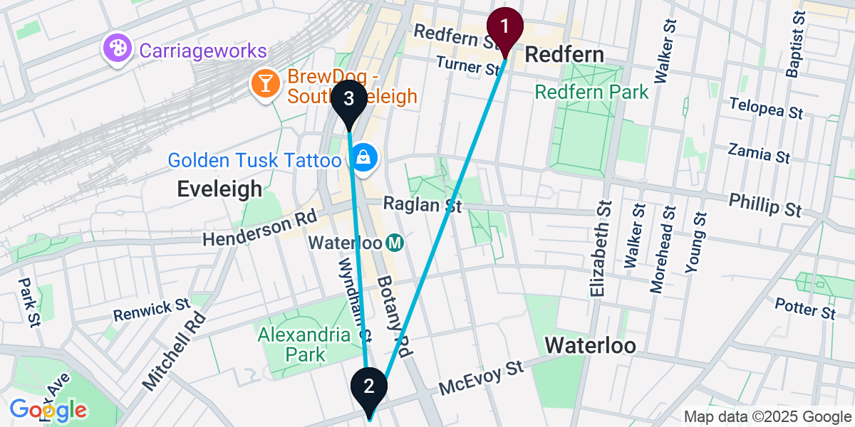 Map for 3-Stop Redfern Brewery Bar Crawl