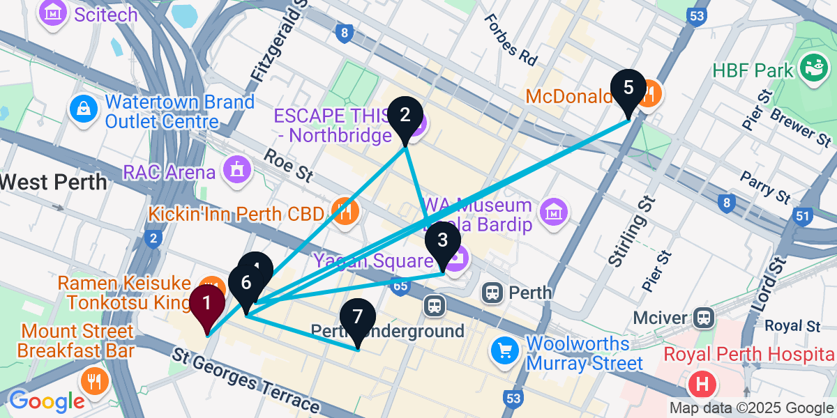 Map for 7-Stop Perth Cocktail Bar Crawl