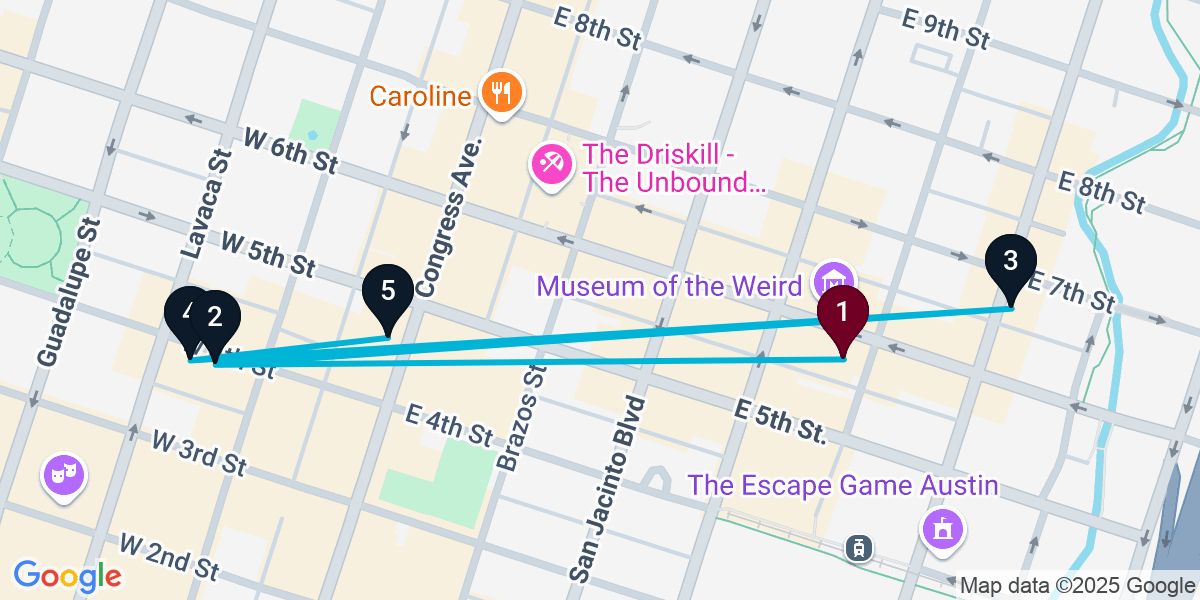 Map for 5-Stop Austin Nightclub Bar Crawl