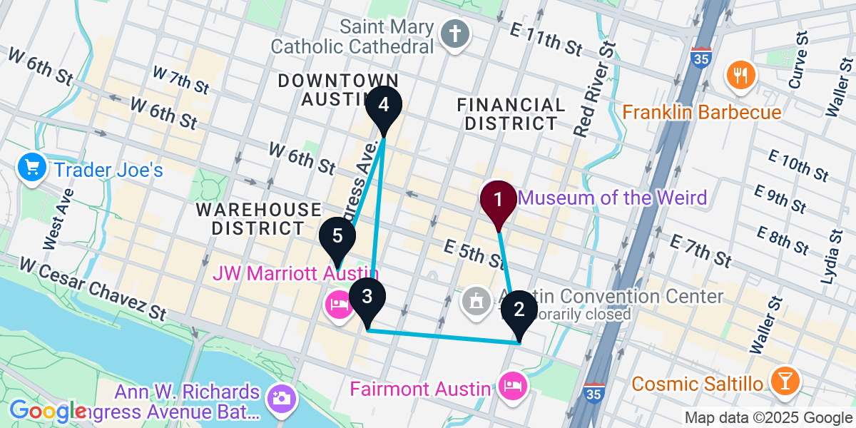 Map for 5-Stop Austin Cocktail Bar Crawl